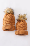 Camel Cross-Cable Knit Pom-Pom Beanie- Baby, Toddler and Adult