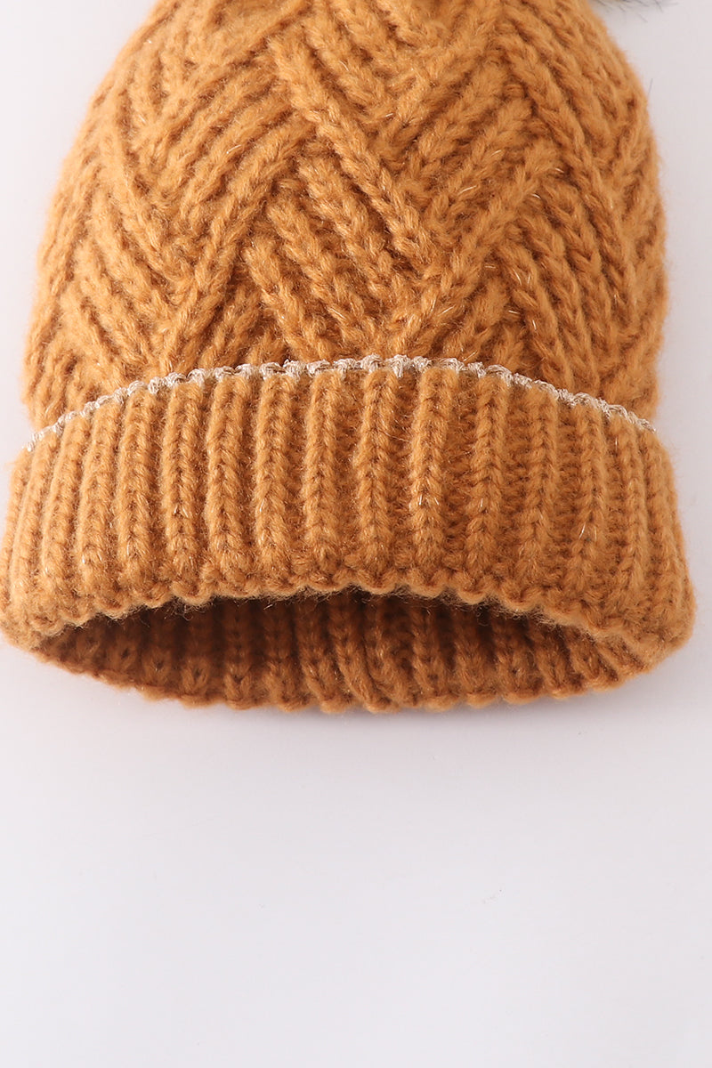 Camel Cross-Cable Knit Pom-Pom Beanie- Baby, Toddler and Adult
