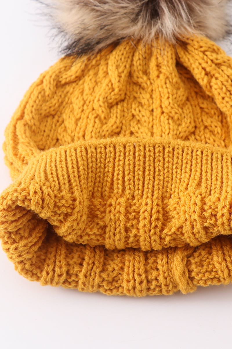 Mustard Cable Knit Pom-Pom Beanie-Baby Toddler and Adult