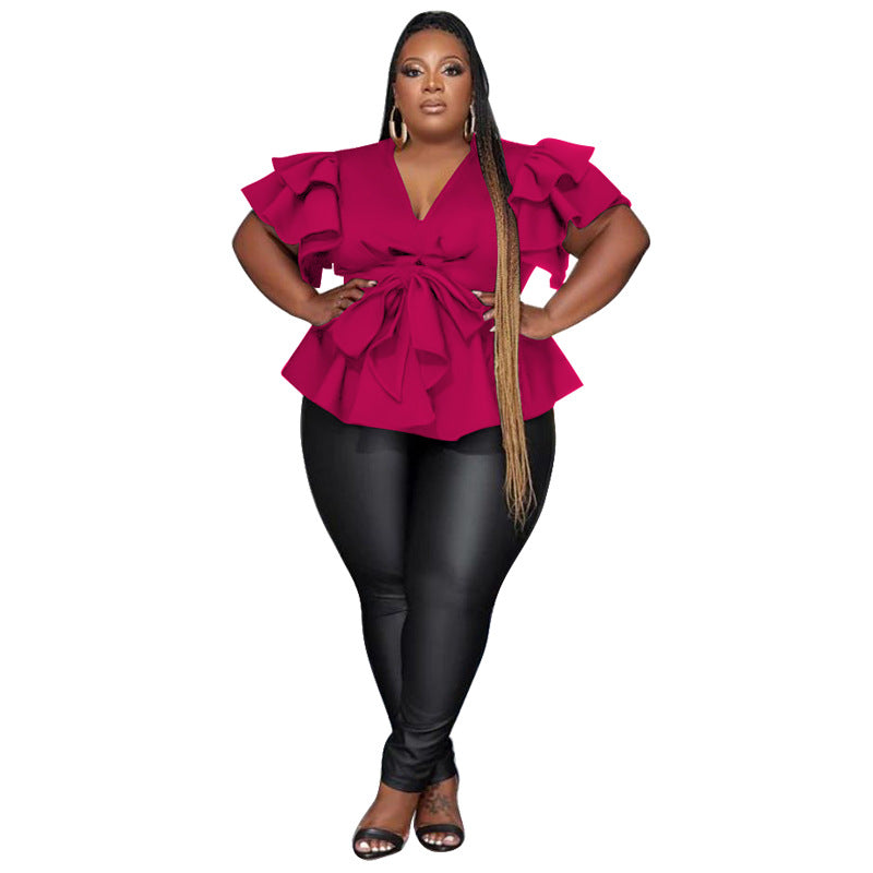 Women's V-Neck Ruffle Sleeve Pleated
