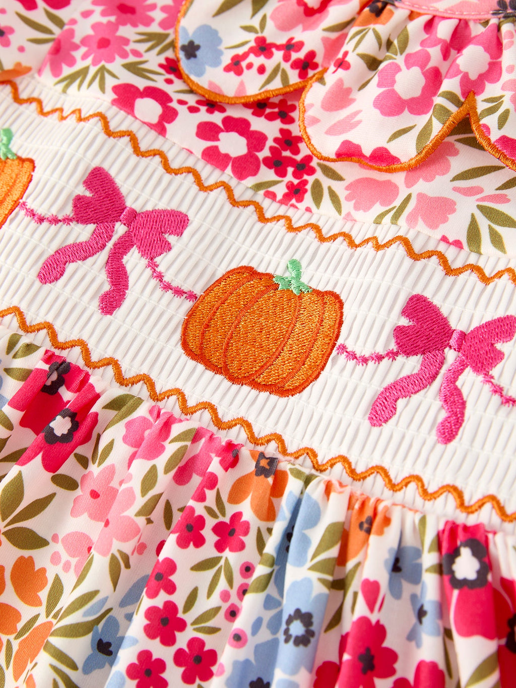Girl's Fall Pumpkin Smocked Floral Dress