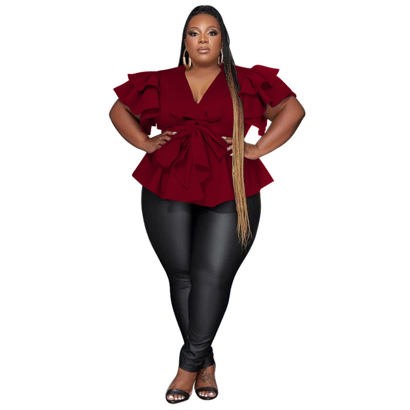 Women's V-Neck Ruffle Sleeve Pleated