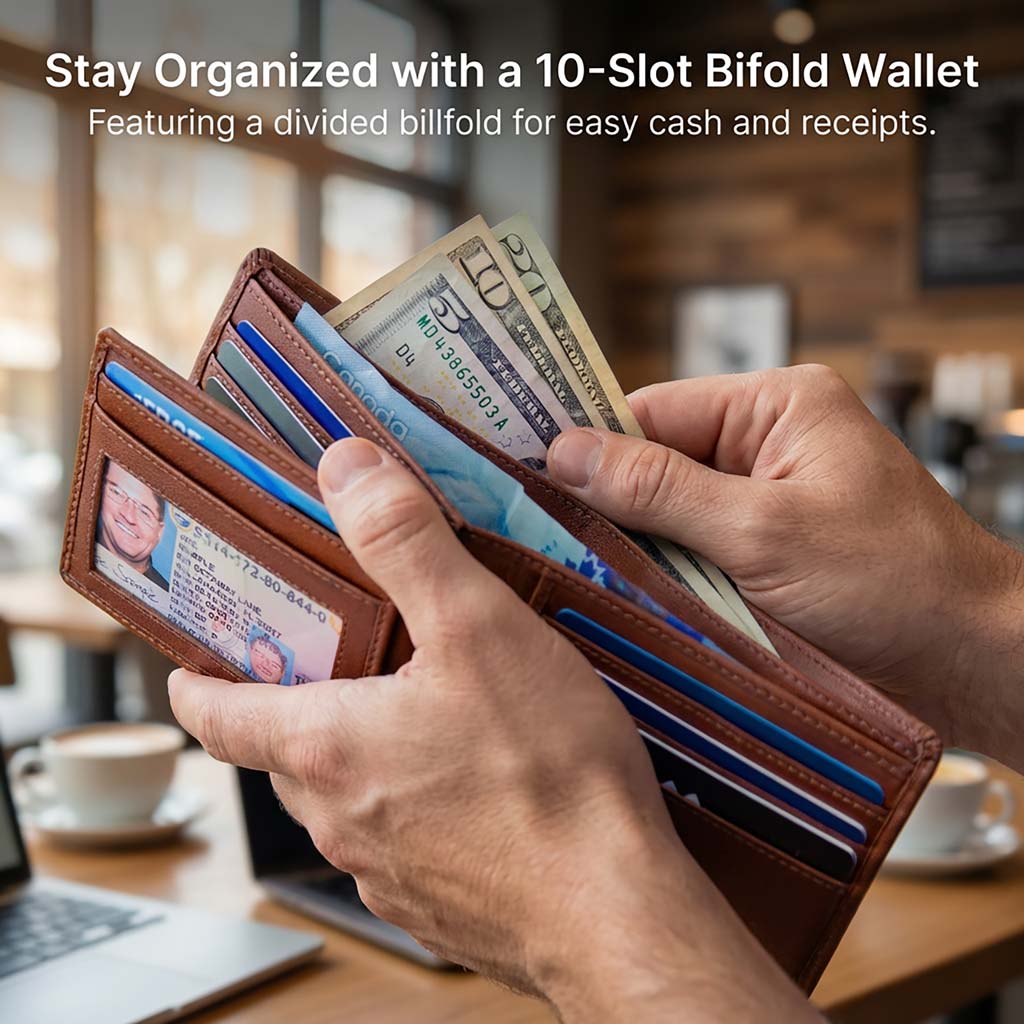 Men's Genuine Leather RFID Bifold wallet with ID Window