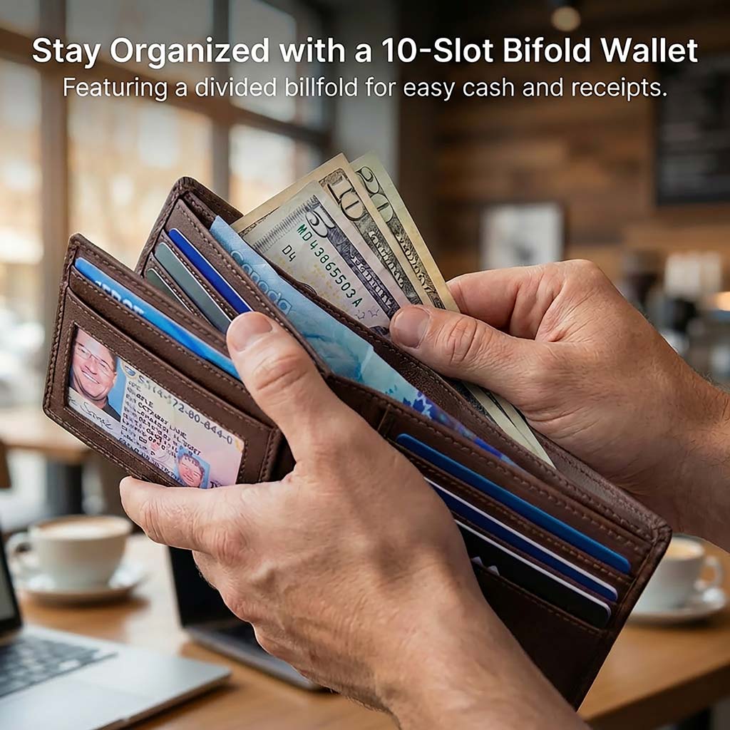 Men's Genuine Leather RFID Bifold wallet with ID Window