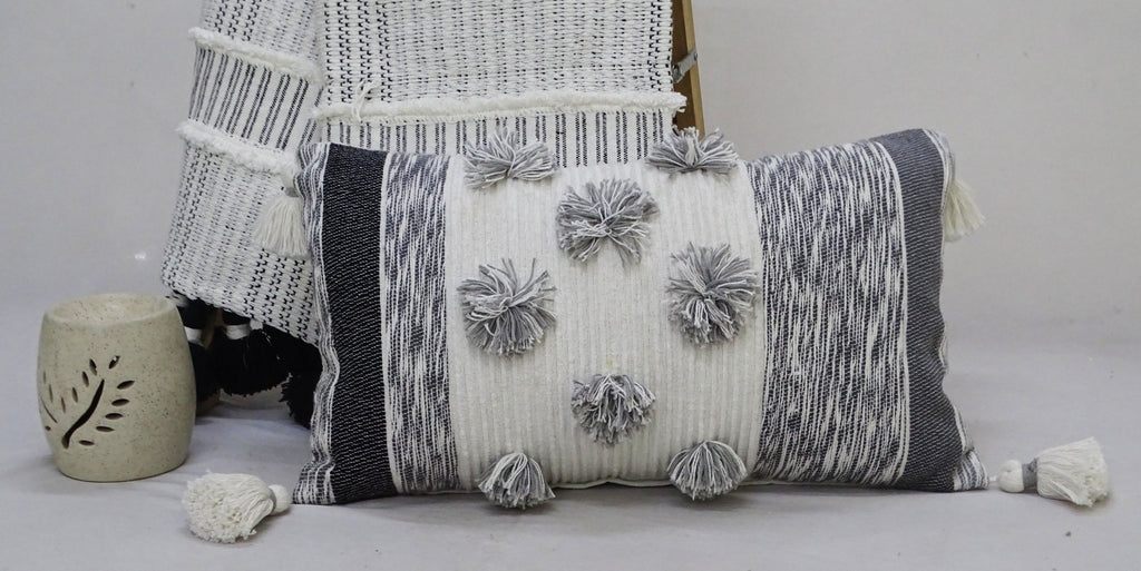 Melange Striped Throw Pillow with Pom-Poms and Tassels -14" x 24"
