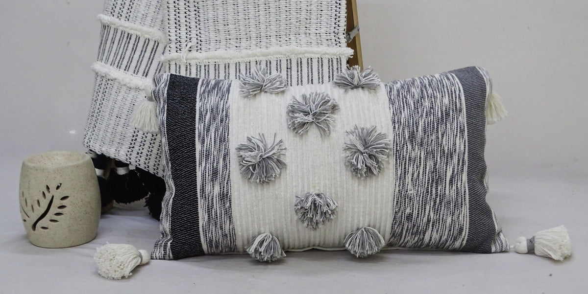 Melange Striped Throw Pillow with Pom-Poms and Tassels -14" x 24"
