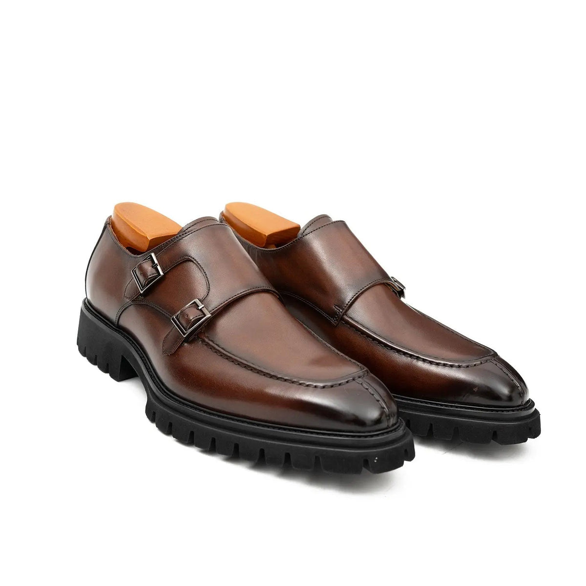 Men's Brown Double Monk Strap Leather Shoes