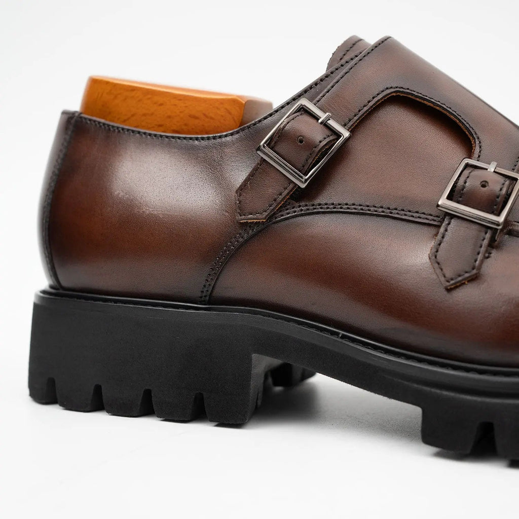 Men's Brown Double Monk Strap Leather Shoes