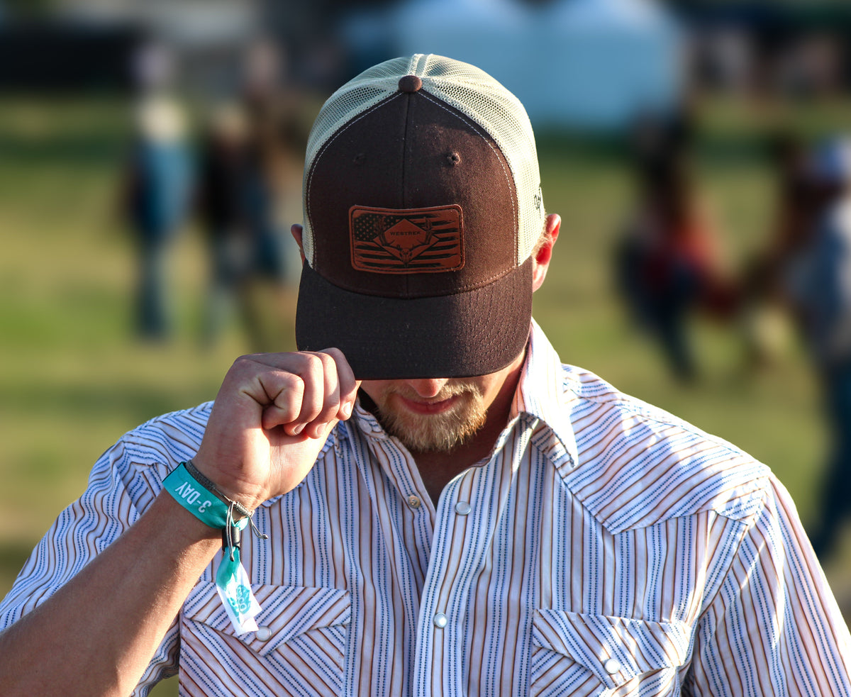 American Skull Buck Leather Patch Trucker Hat