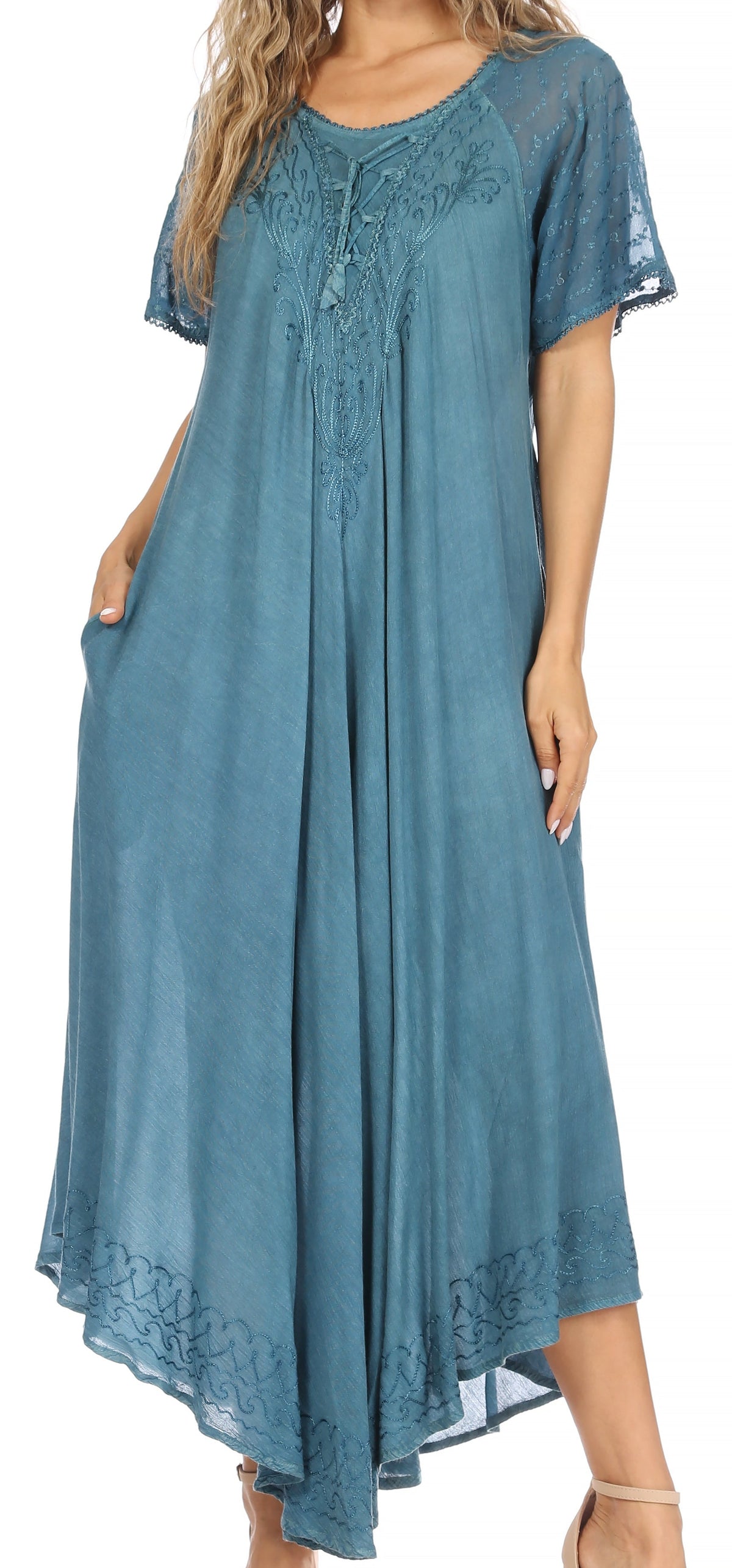 Women's Embroidered Long Caftan Dress and Cover-up