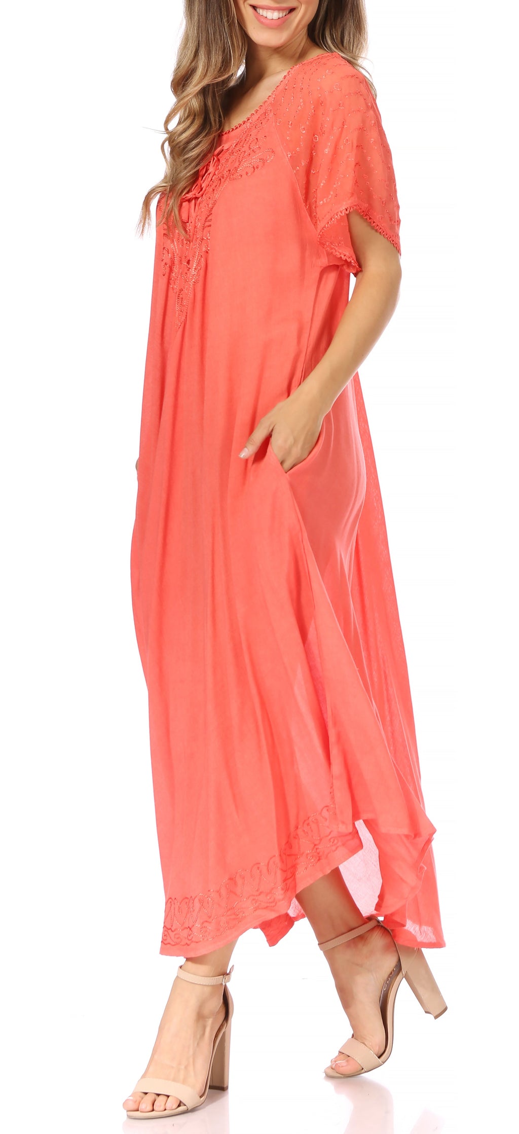 Women's Embroidered Long Caftan Dress and Cover-up