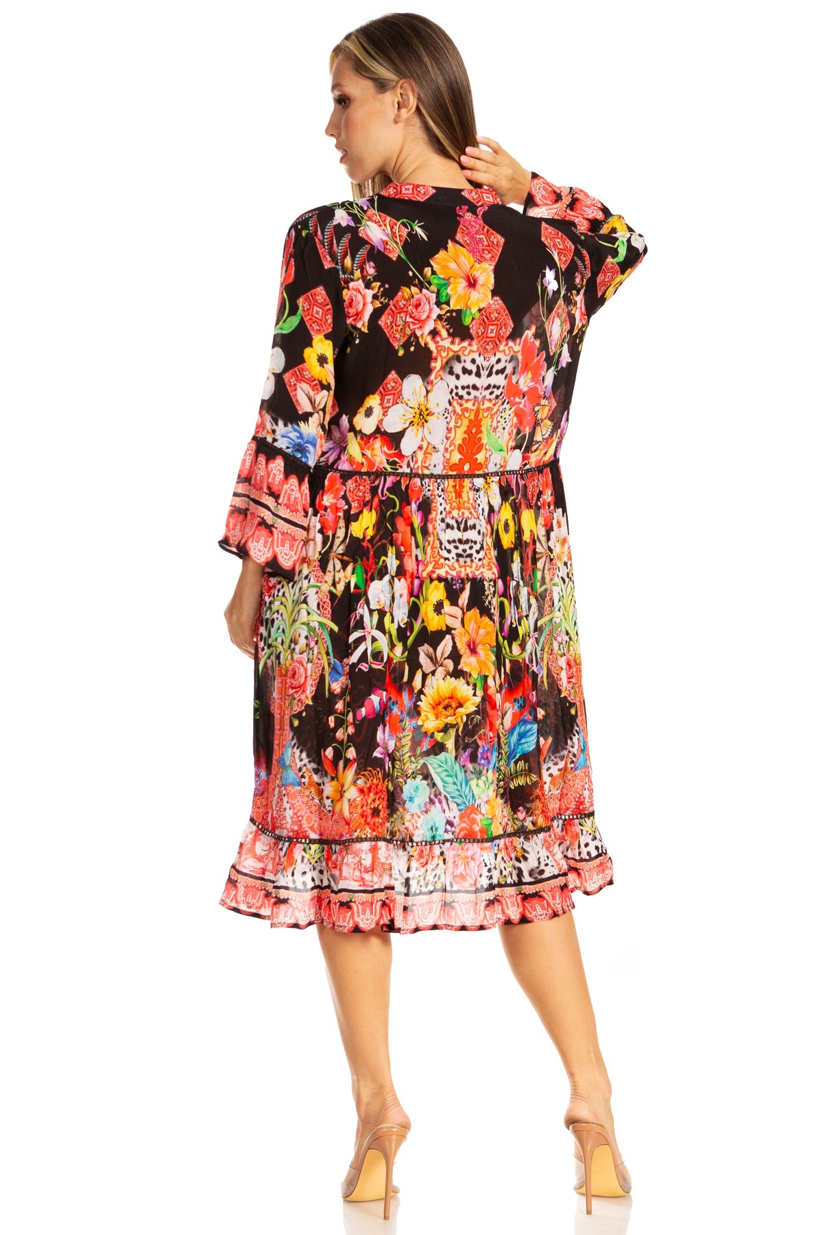 Women's Floral 3/4 Sleeves Shirt Dress and Cover-up