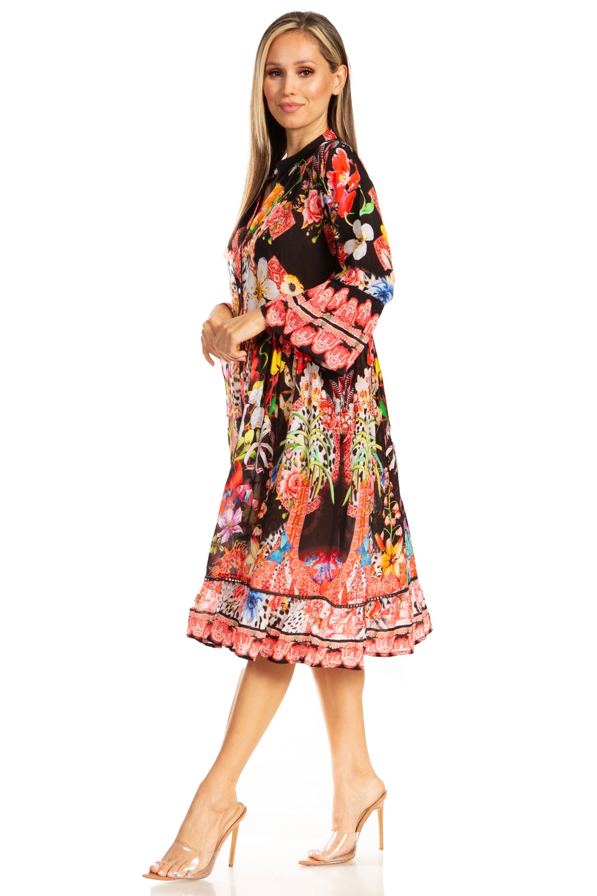 Women's Floral 3/4 Sleeves Shirt Dress and Cover-up