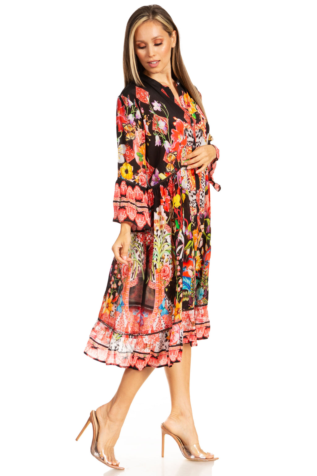 Women's Floral 3/4 Sleeves Shirt Dress and Cover-up