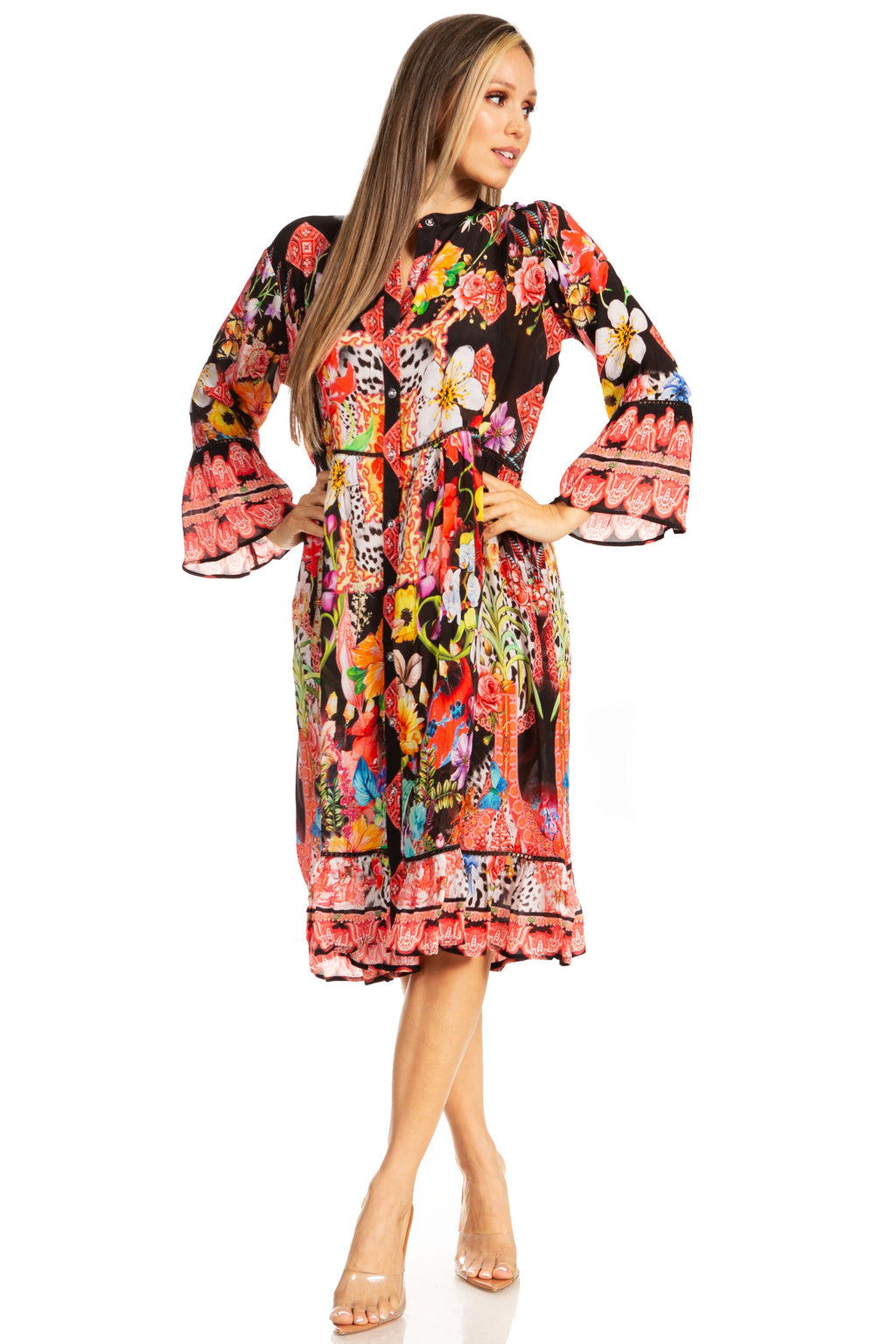Women's Floral 3/4 Sleeves Shirt Dress and Cover-up