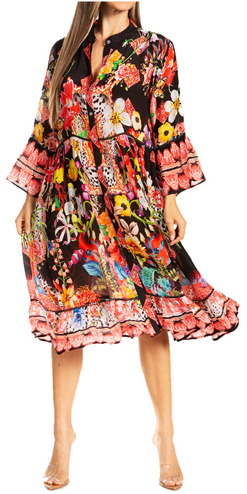 Women's Floral 3/4 Sleeves Shirt Dress and Cover-up