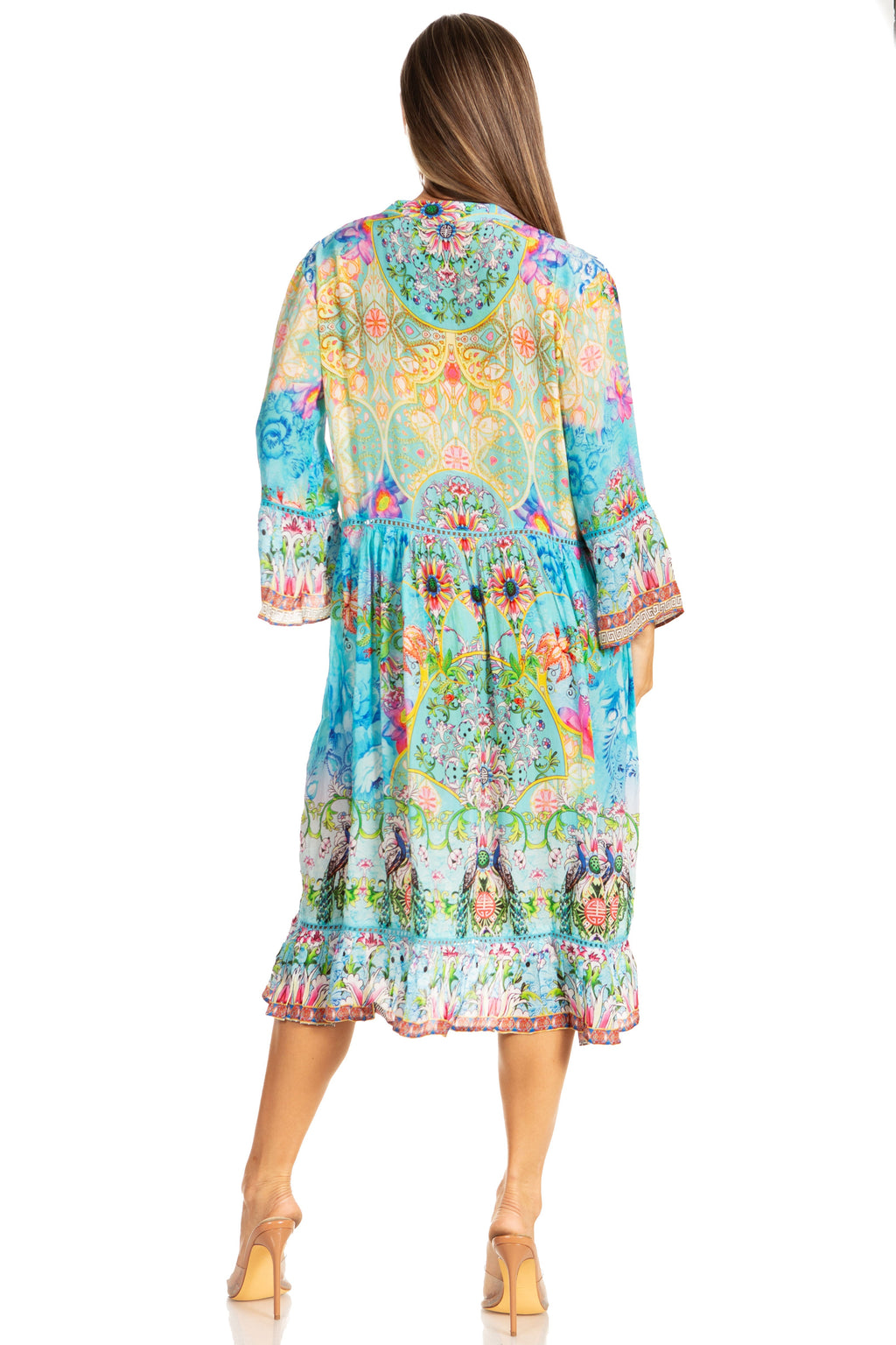 Women's Floral 3/4 Sleeves Shirt Dress and Cover-up