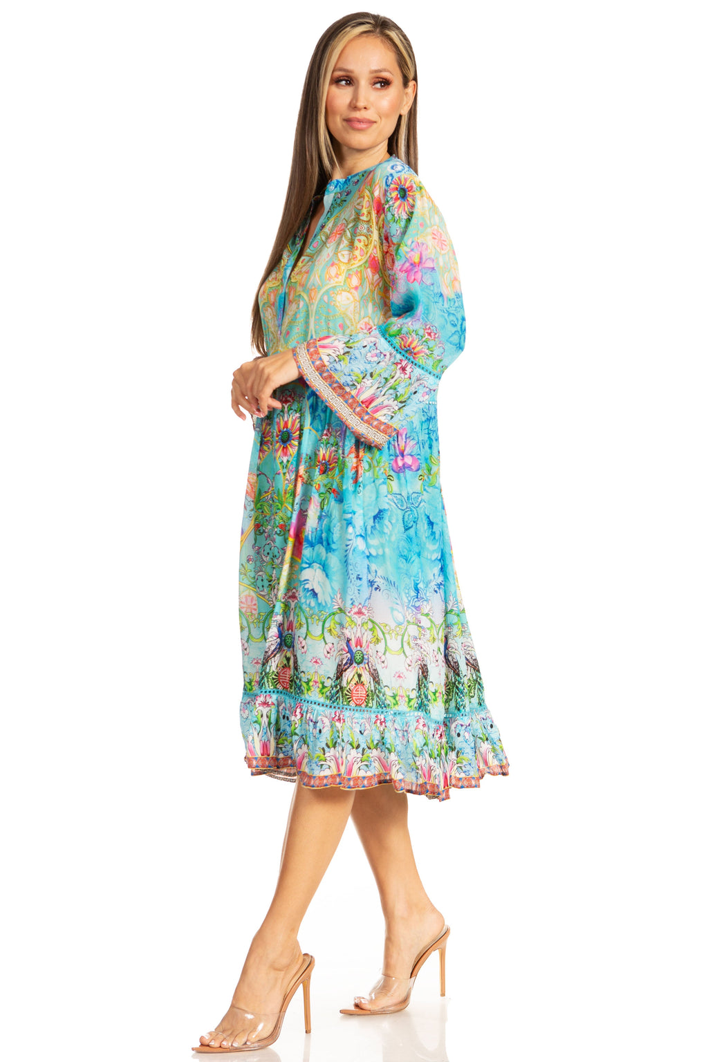 Women's Floral 3/4 Sleeves Shirt Dress and Cover-up