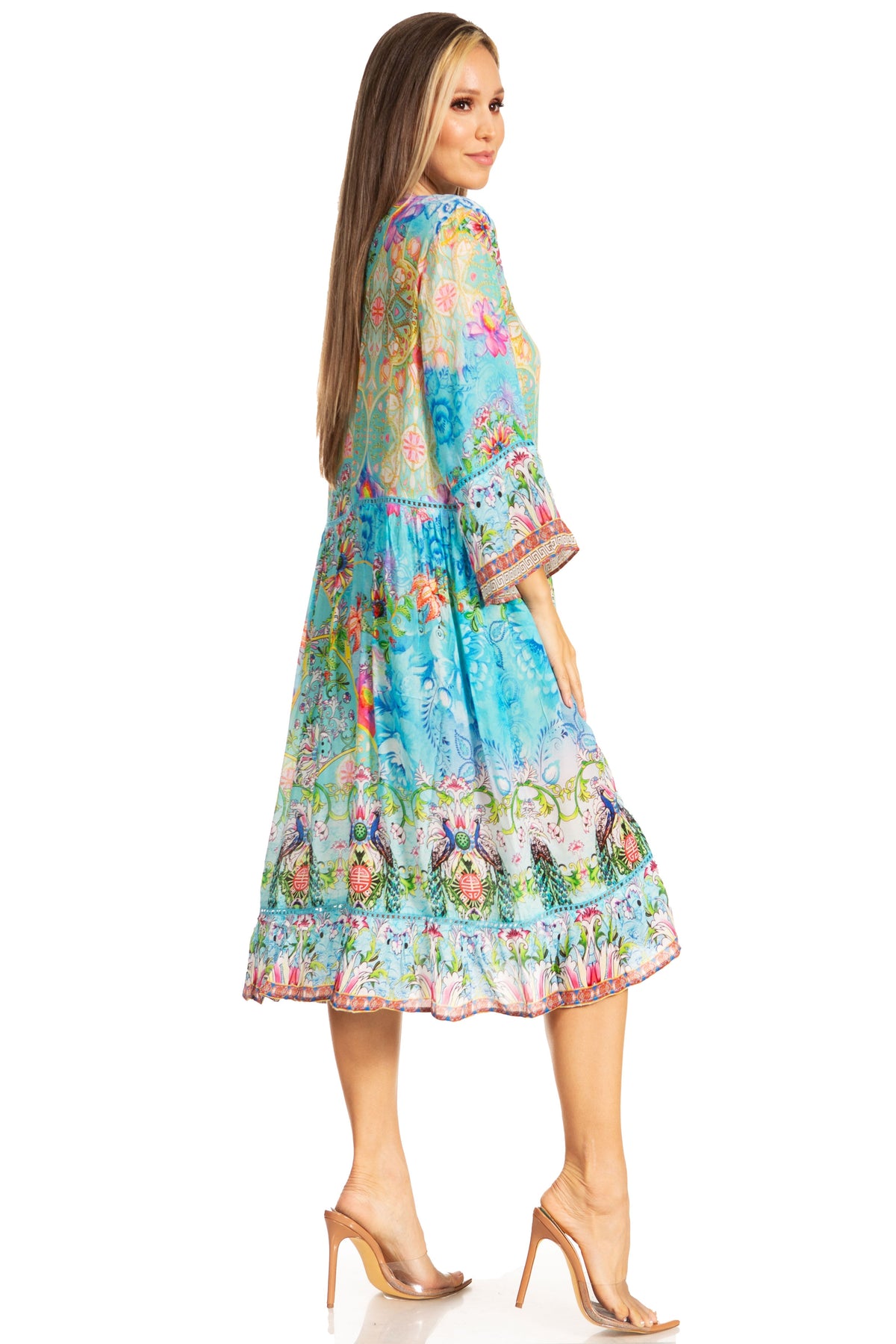 Women's Floral 3/4 Sleeves Shirt Dress and Cover-up