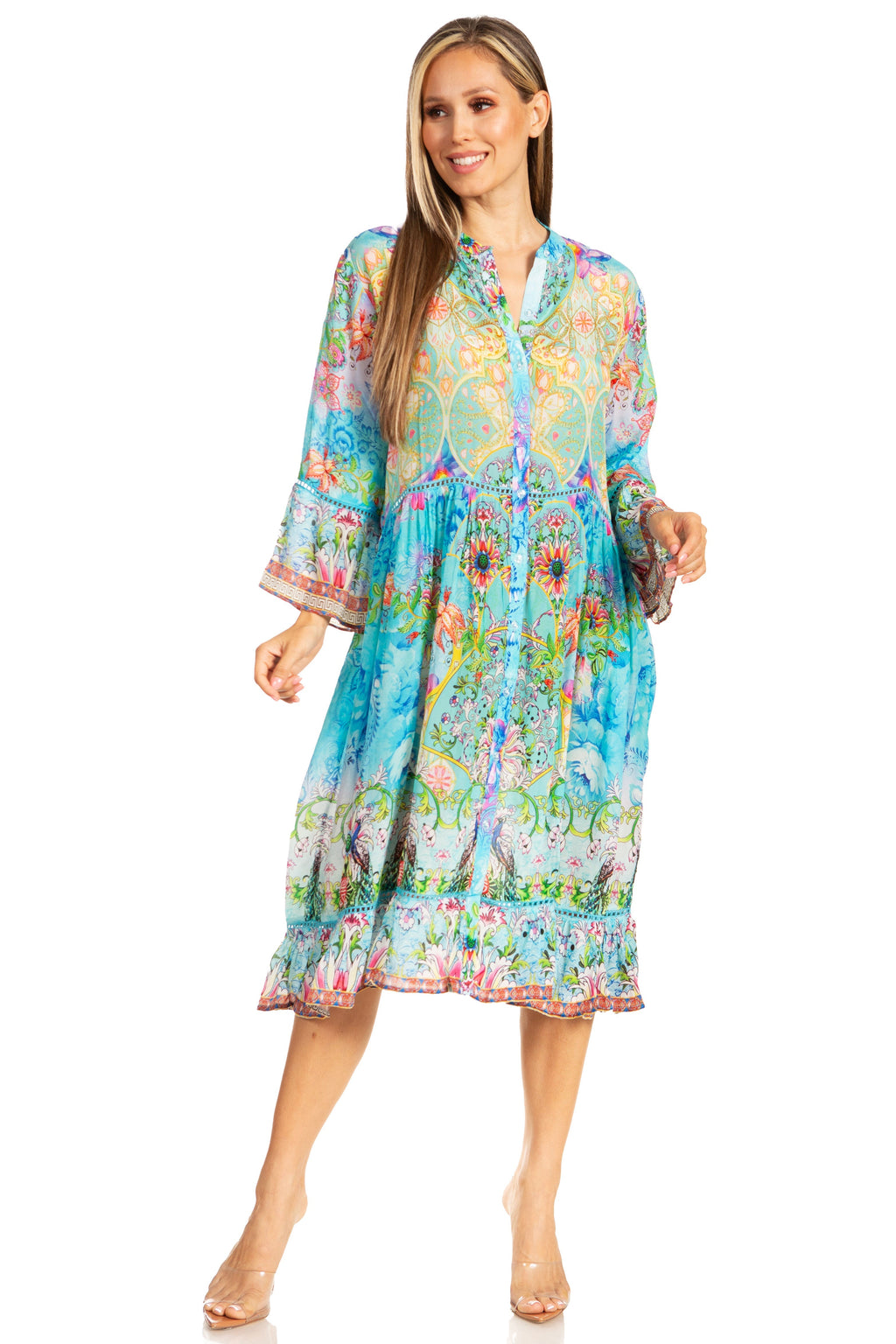 Women's Floral 3/4 Sleeves Shirt Dress and Cover-up
