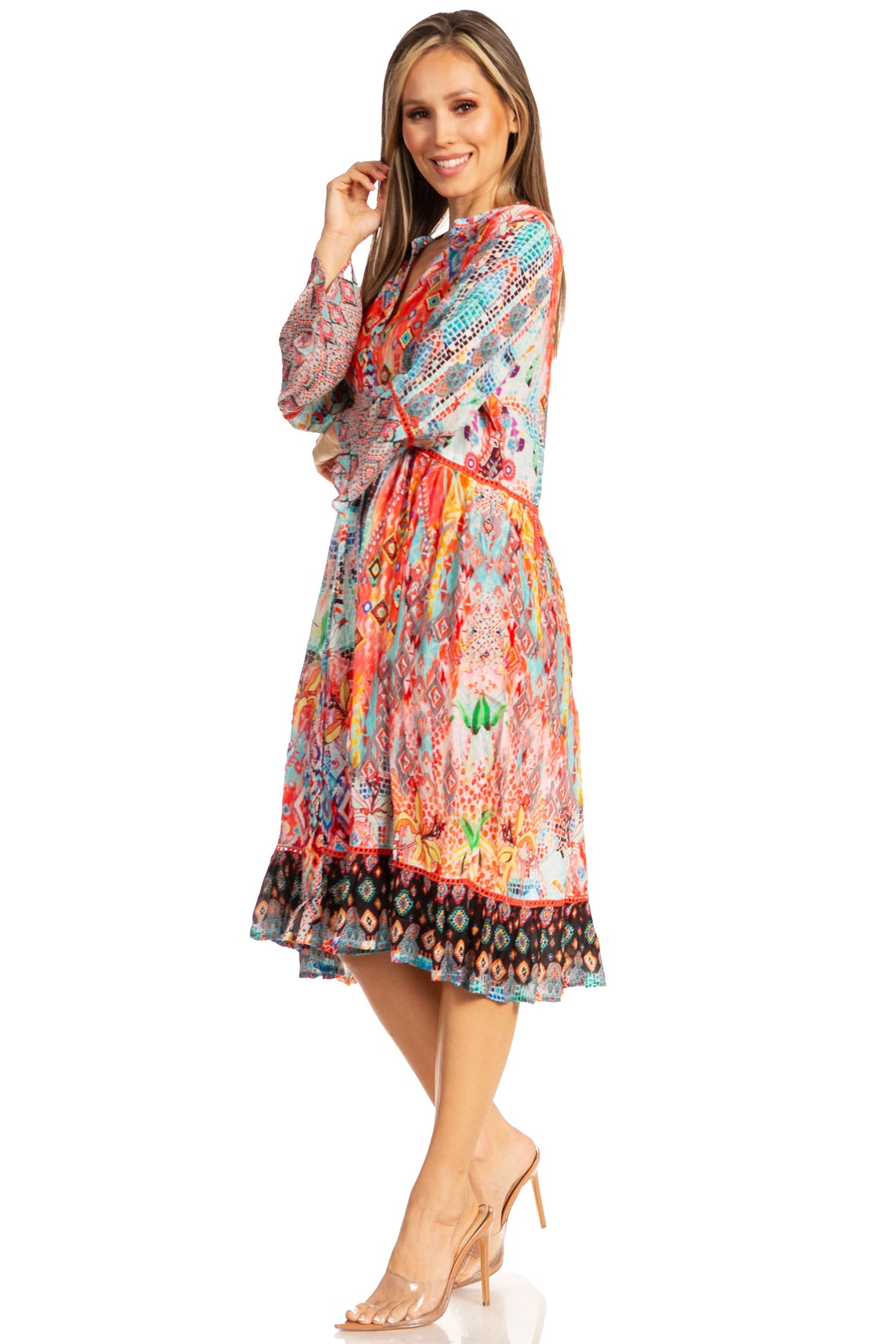 Women's Floral 3/4 Sleeves Shirt Dress and Cover-up