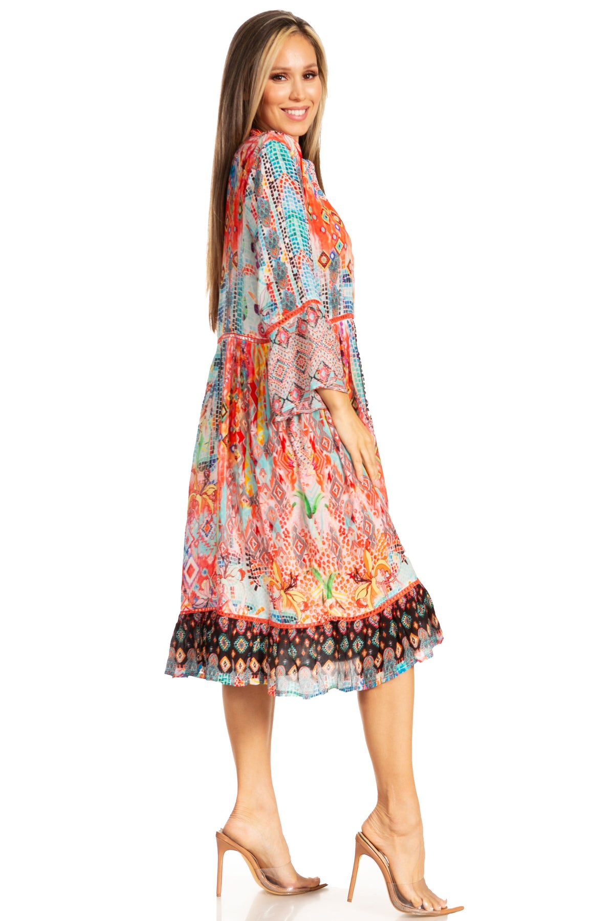 Women's Floral 3/4 Sleeves Shirt Dress and Cover-up