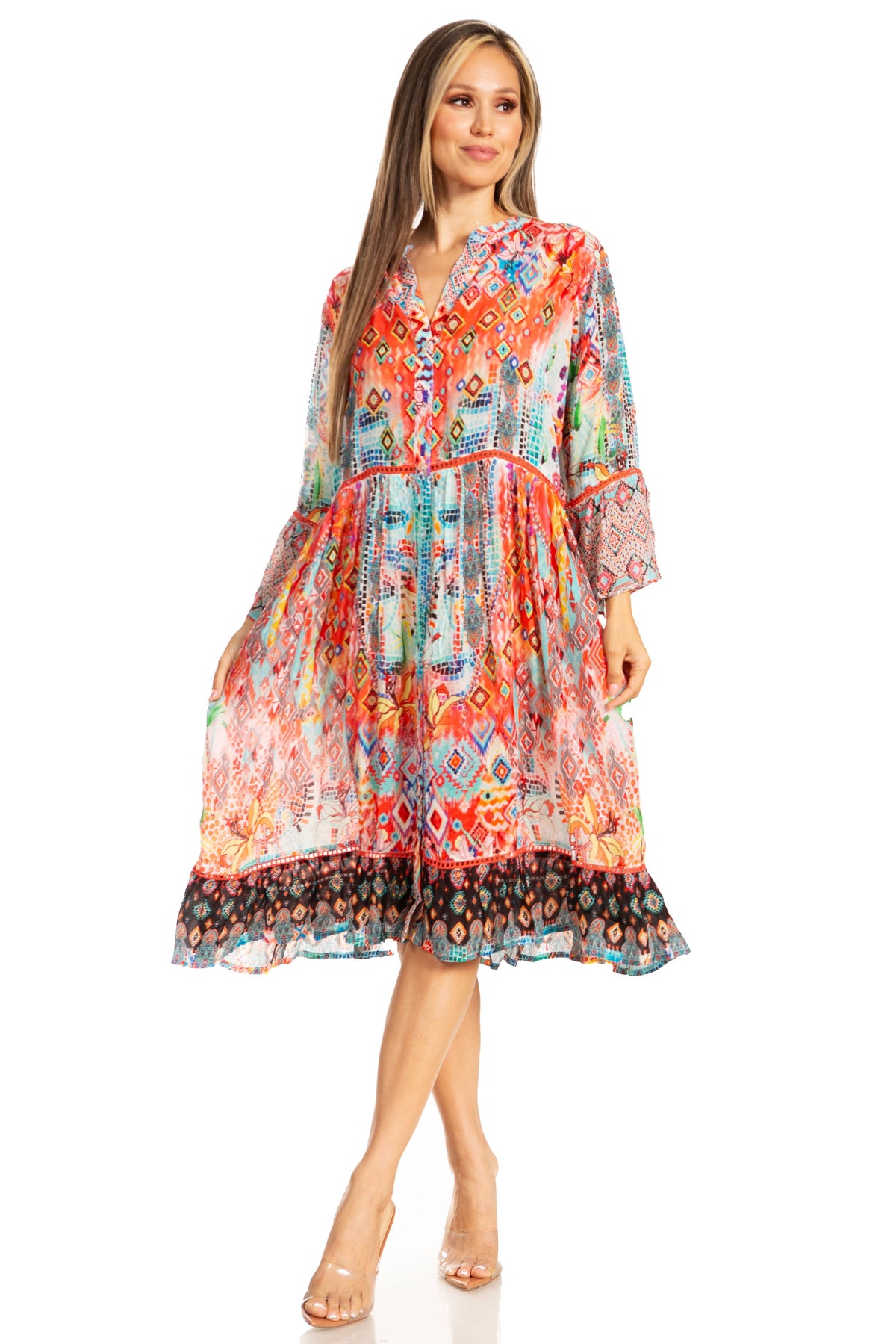 Women's Floral 3/4 Sleeves Shirt Dress and Cover-up