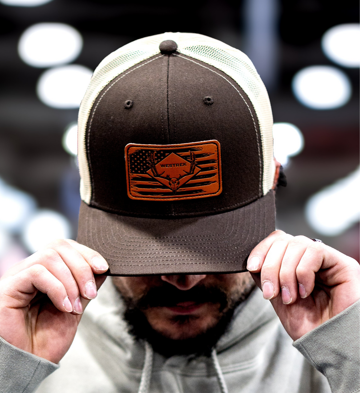 American Skull Buck Leather Patch Trucker Hat