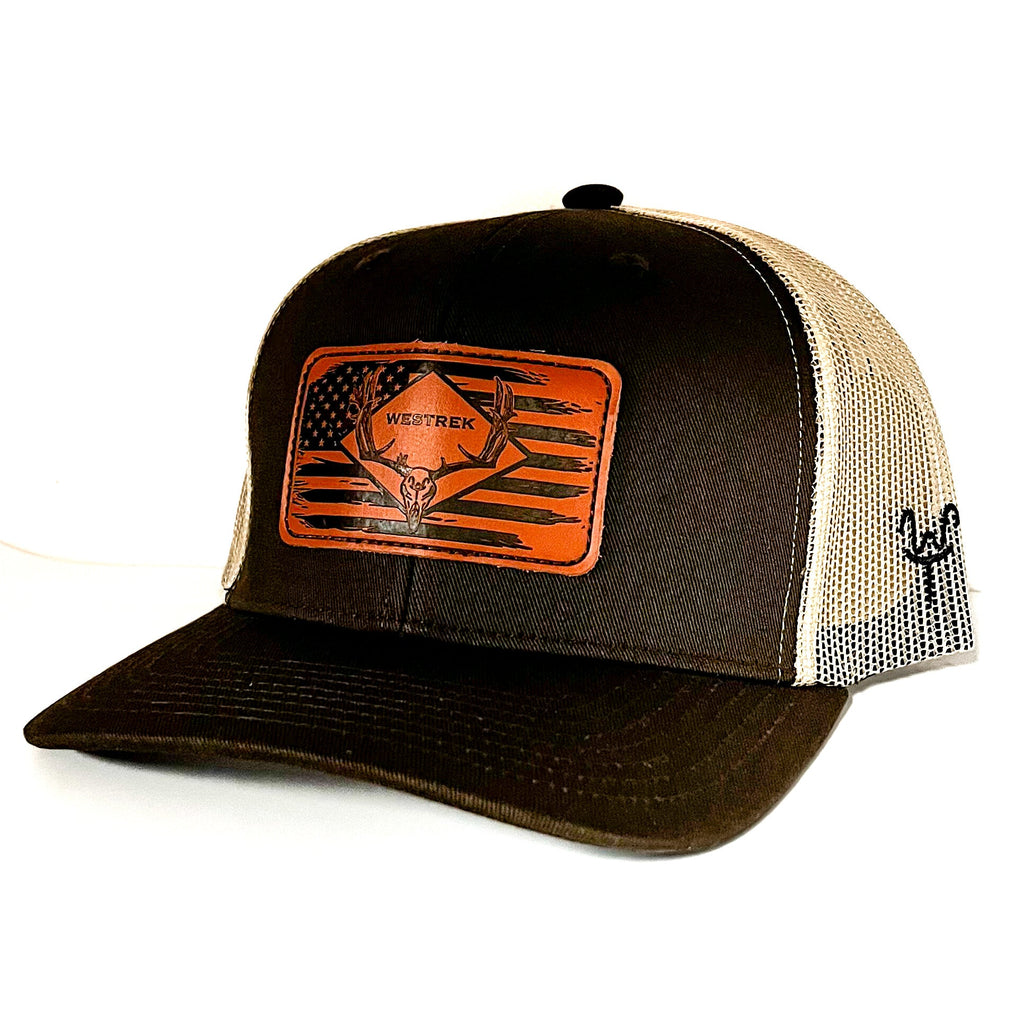 American Skull Buck Leather Patch Trucker Hat