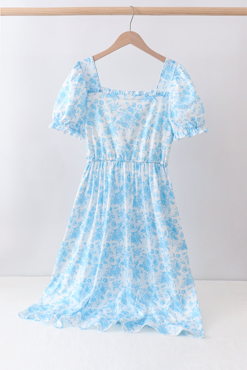 Blue Rose Print Women's Dress