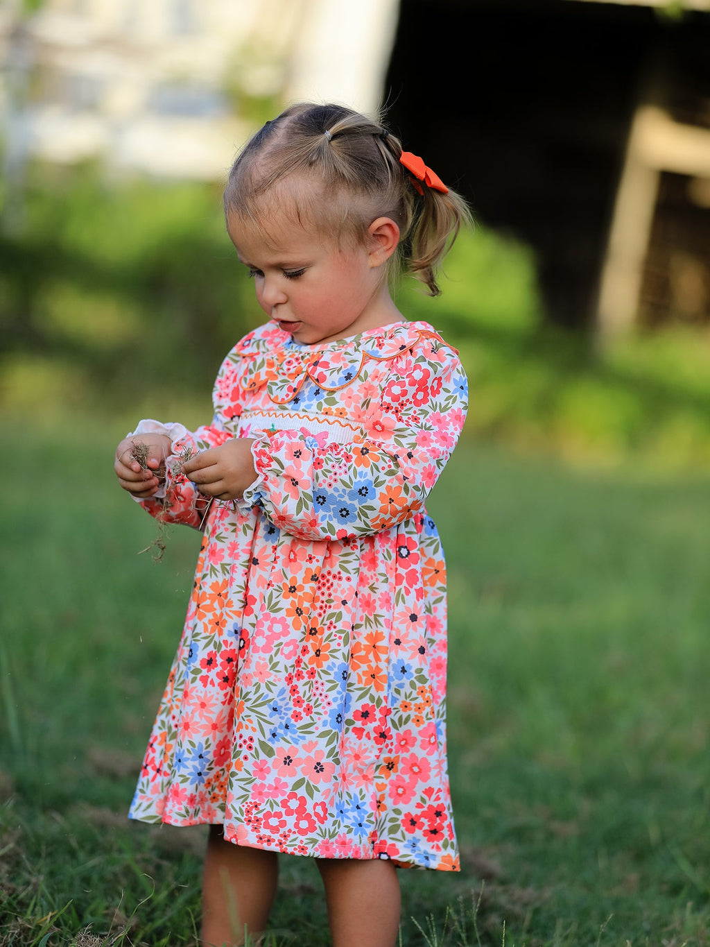 Girl's Fall Pumpkin Smocked Floral Dress