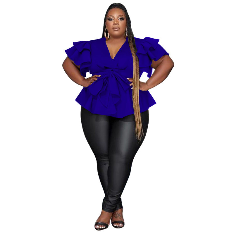 Women's V-Neck Ruffle Sleeve Pleated